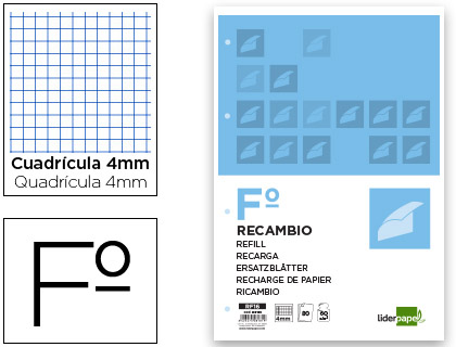 Recambio Liderpapel Folio 80h 60g/m² c/4mm. con margen 4 taladros